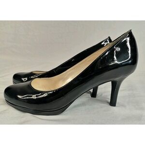 Etienne Aigner E-Drew Black Pumps Patent Faux Leather Round Toe Heels Size 8 W